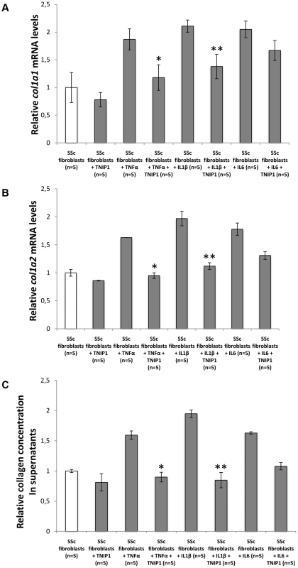 TNIP1 abrogates the profibrotic effects of proinflammatory cytokines on collagen synthesis by SSc fibroblatsts.