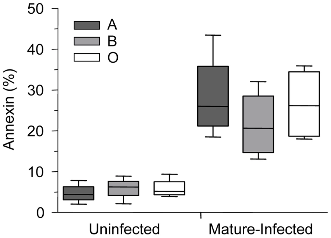 Phosphatidylserine levels on <i>P. falciparum</i>-infected A, B and O erythrocytes.
