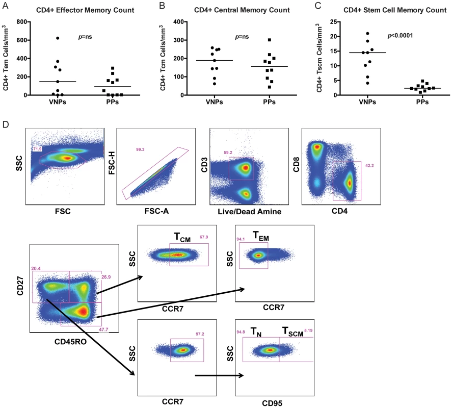 CD4+ T cell memory counts and representative flow cytometry staining.