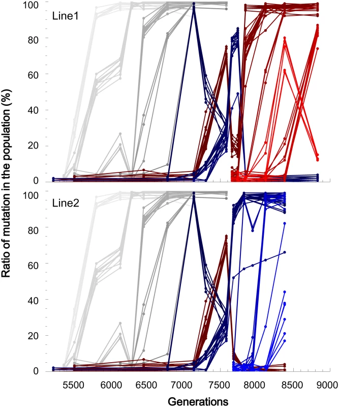 Temporal frequency change for each mutation.
