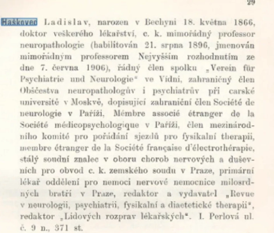 Záznam Ladislava Haškovce v Seznamu osob a ústavů c.k. České university Karlo- -Ferdinandovy v Praze 1907–1908. Fig. 7. Entry for Ladislav Haškovec in the Register of Persons and Institutes of the Imperial and Royal Czech Charles-Ferdinand University in Prague, 1907–1908.