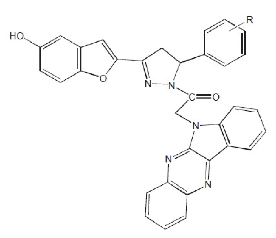 Příklad spojení studie in vitro a in vivo. R je o-OH, p-OH, o-OCH<sub>3</sub> , p-OCH<sub>3</sub> , p-N(CH<sub>3</sub>)<sub>2</sub> , o-COOH, m-NO<sub>2</sub>, o-NO<sub>2</sub>, o-OH a současně p-OCH<sub>3</sub>, p-Cl, o-Cl, H, furyl, CH=CHAryl
