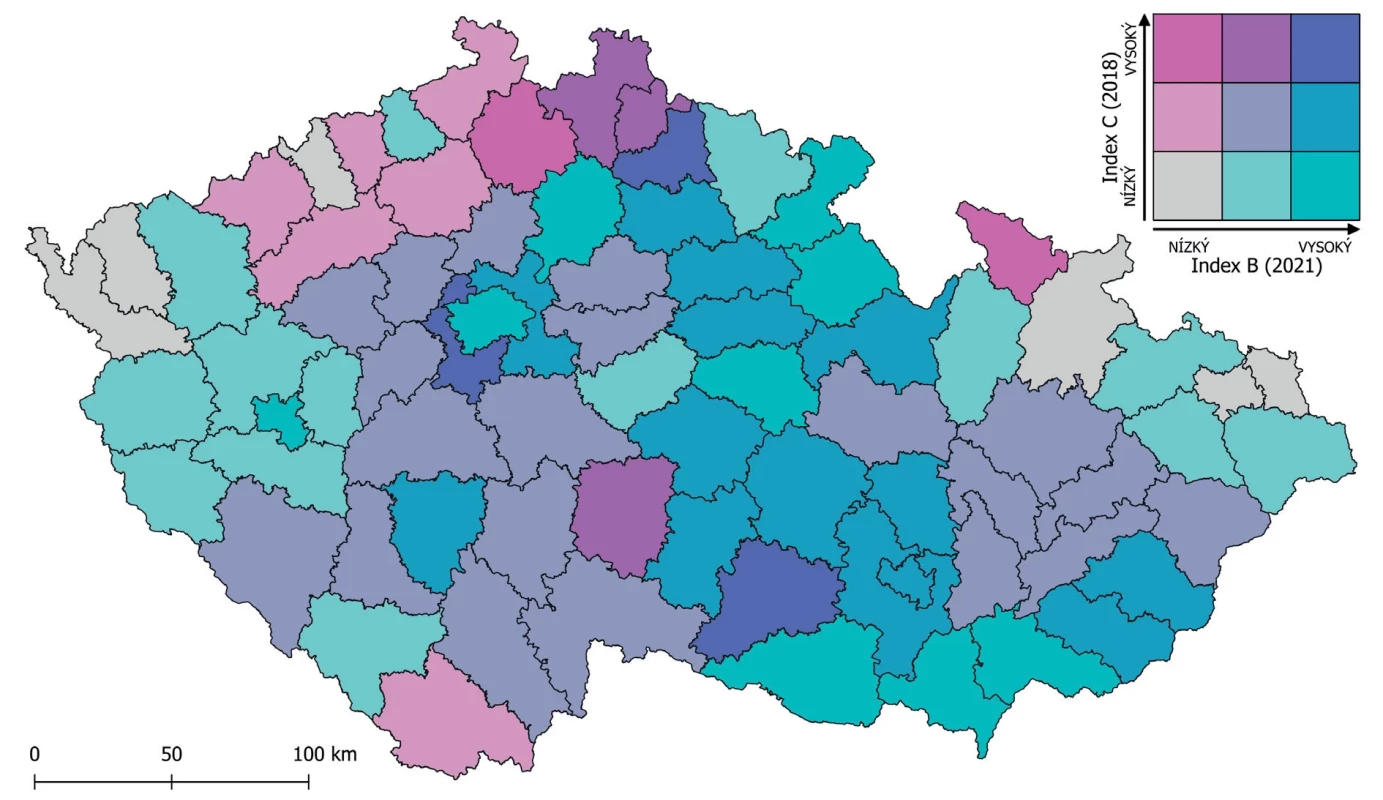 Vztah indexu zdravotního stavu (rok 2021) a indexu subjektivní kvality života (rok 2018)