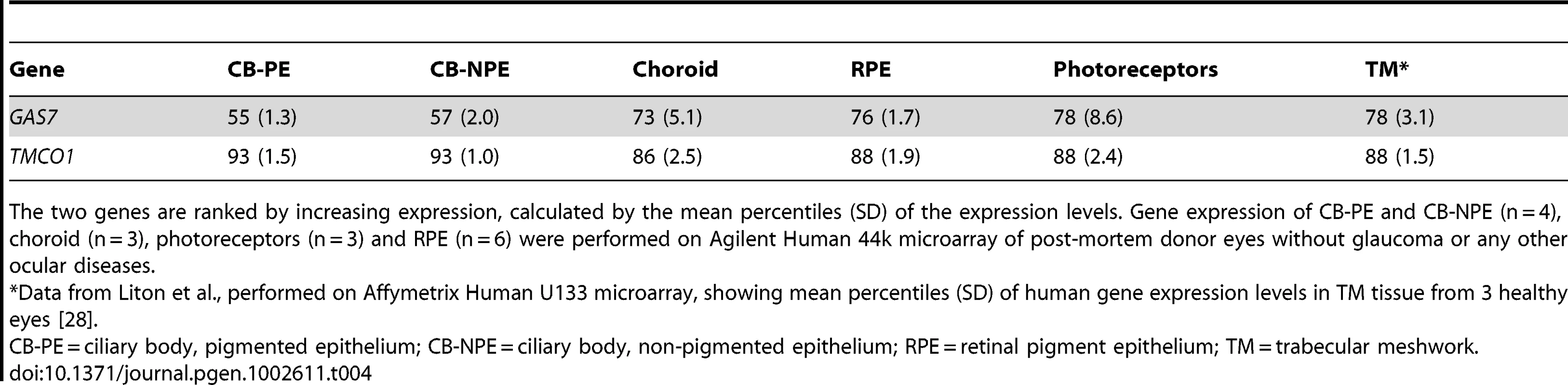 Gene expression levels in human ocular tissues.