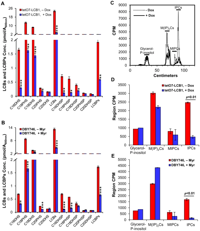 Myriocin or Dox treatment reduces sphingolipid levels.
