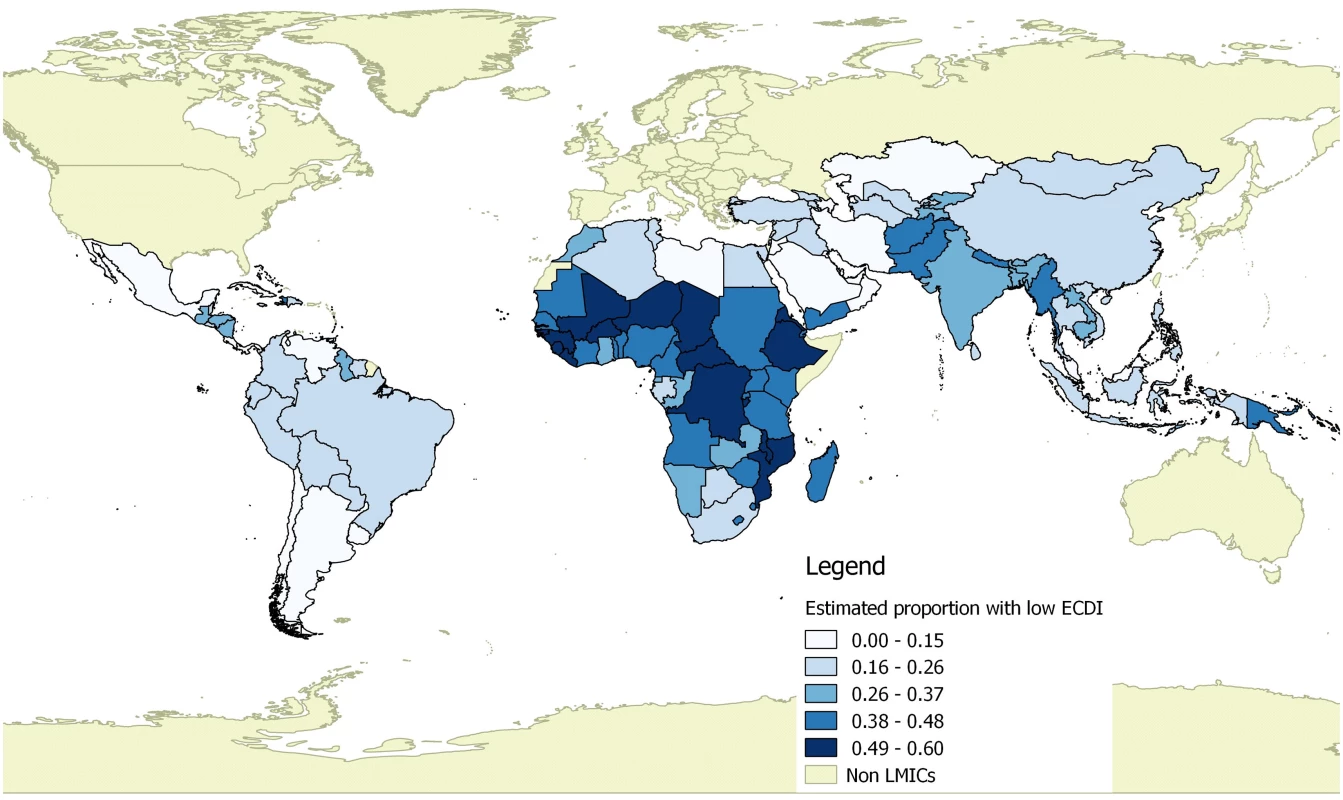 Estimated proportion of children with low development per the ECDI by country.