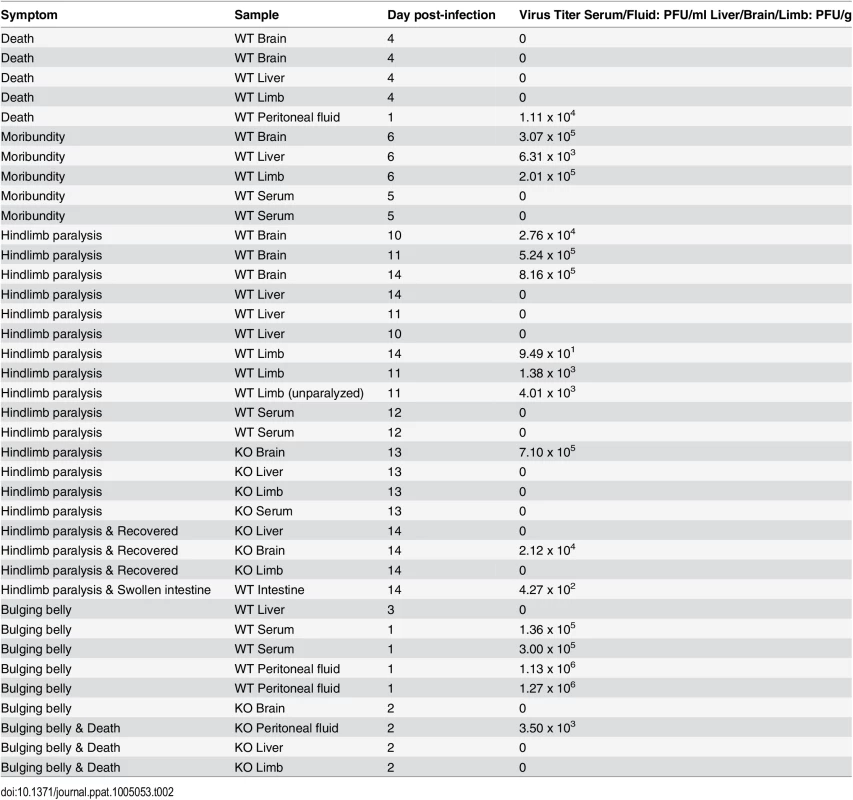 Virus titers of DV2 in symptomatic mice.