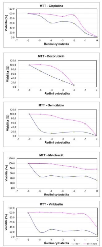 Výsledky MTT testu mateřské linie BC44 a dceřiné rezistentní linie BC44DoxoR při aplikaci sestupné koncentrační řady jednotlivých cytostatik
Fig. 2. The results of the MTT assay for the parent line BC44 and the daughter resistant line BC44DoxoR after cytostatic applications in descending concentrations