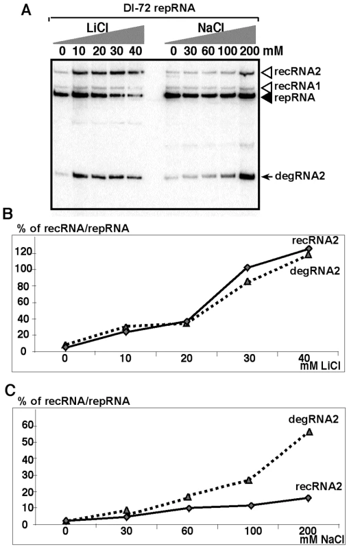 Salt-stress caused by LiCl and NaCl treatments enhances the formation and accumulation of recRNAs and degRNAs in yeast.