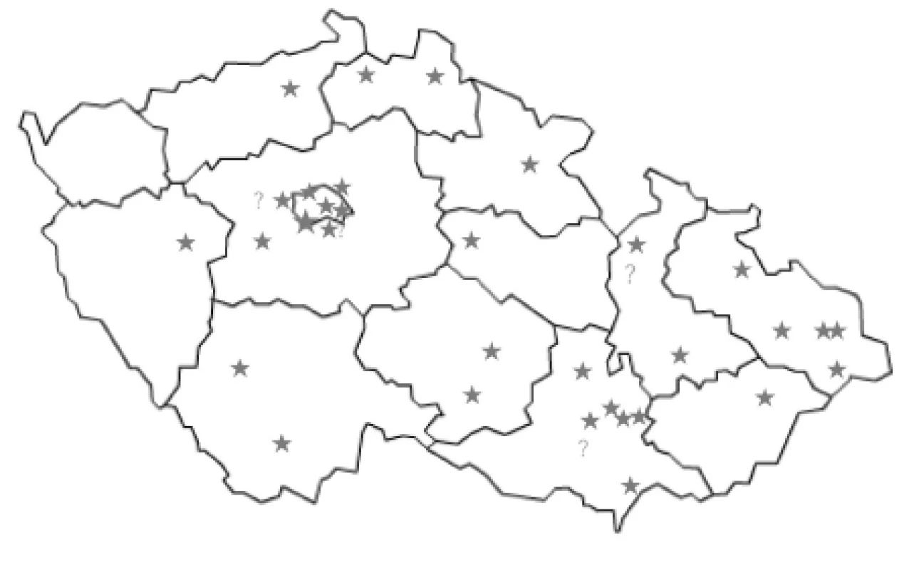 Rozložení Center pro závislé na tabáku a nemocnic v České republice
* Centra pro závislé na tabáku, H – HPH (Health Promoting Hospitals)