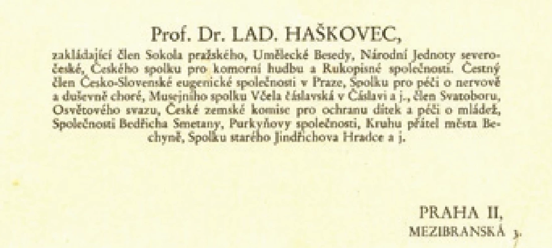 Vizitka Ladislava Haškovce (z archivu rodiny, se svolením). Fig. 10. Ladislav Haškovec’s business card (family archive, published with permission).