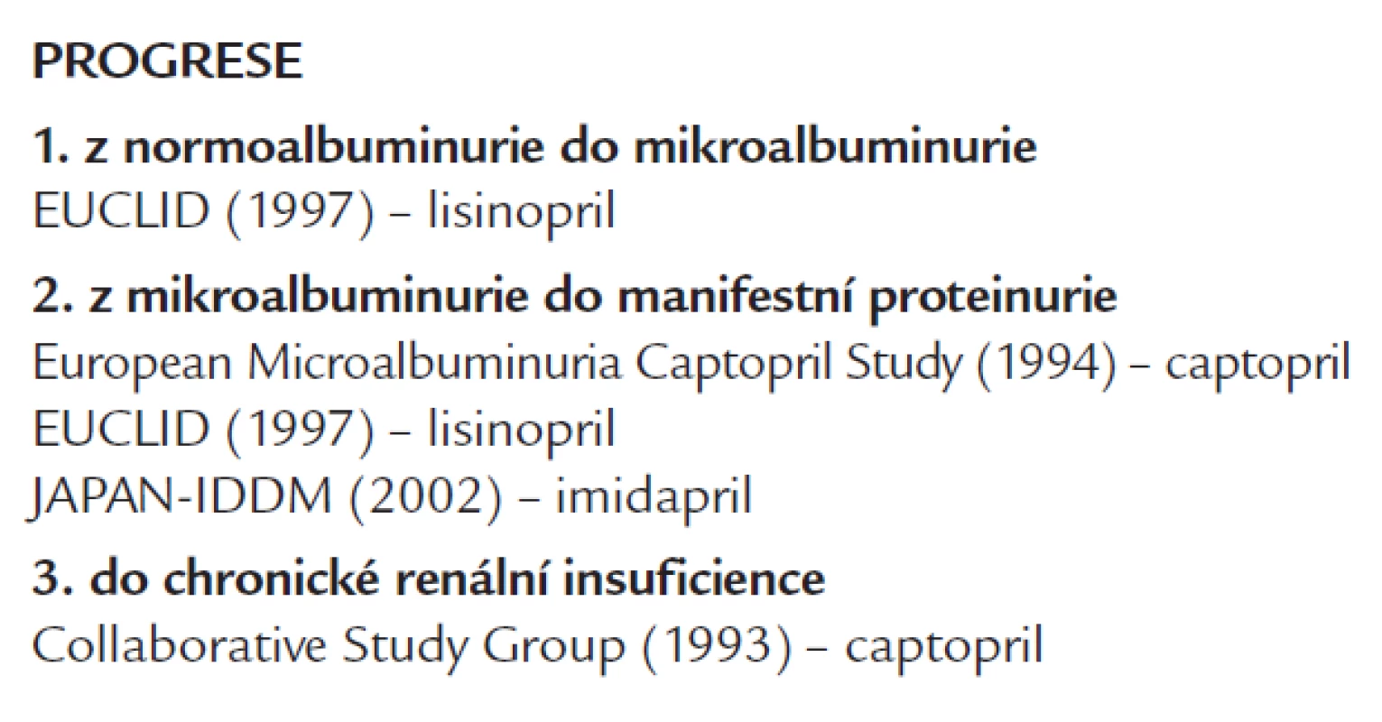 Studie renoprotektivního účinku inhibitorů ACE na progresi DN při DM 1. typu.