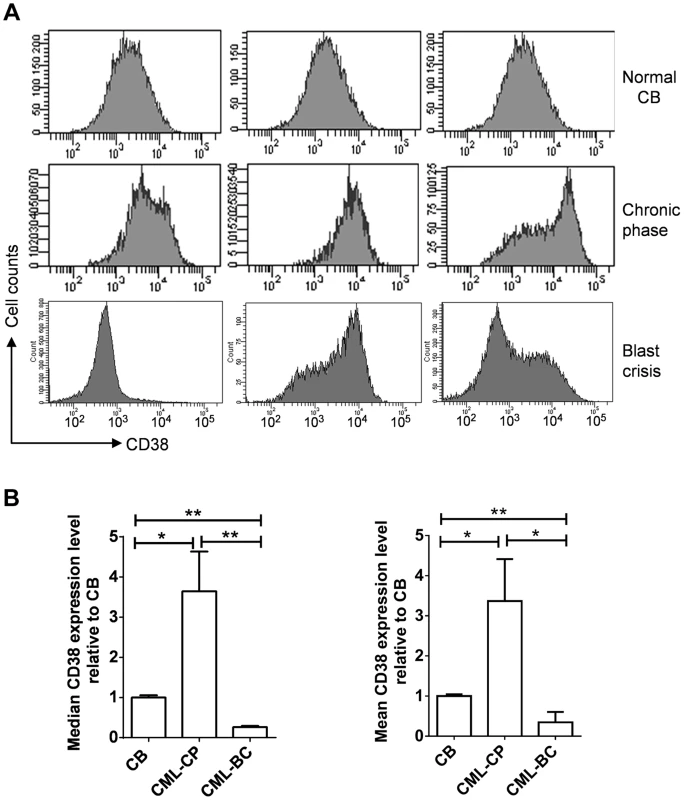 CD38 expression in primary CD34<sup>+</sup> normal and CML progenitor cells.
