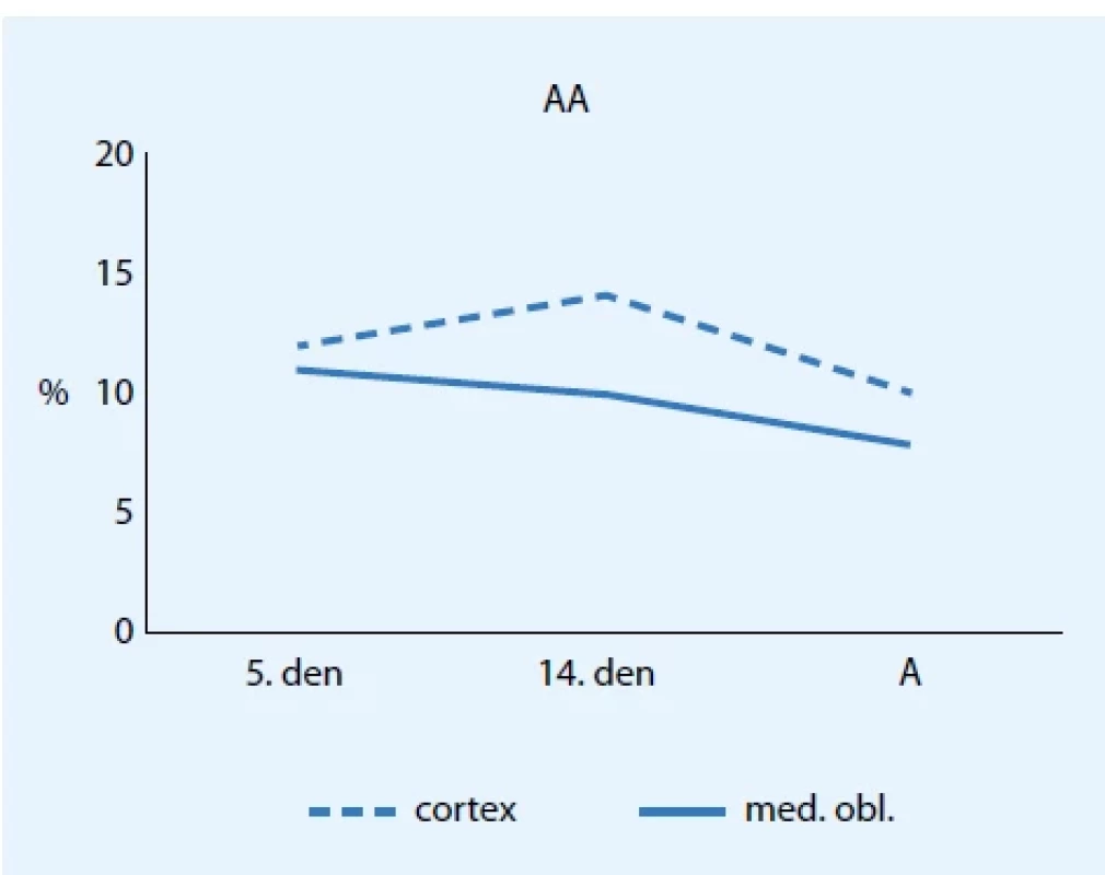 Změny podílu kyseliny arachidonové v tkáni mozkové kůry (cortex) a prodloužené míchy (med. obl.) v průběhu postnatálního života laboratorních potkan.