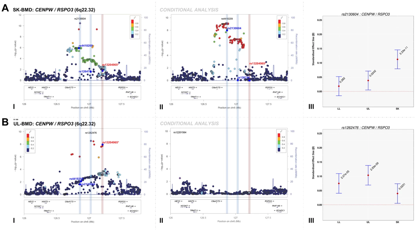 Regional association plots of the top skull- and upper limb-BMD associated SNPs at the 6q22.32 locus before and after conditioning on published SNP (rs13204965*) in addition to a comparison of the effect sizes of the top skull- (rs2130604) and upper limb-BMD (rs1262476) associated SNP (before conditional analysis) on BMD at three different skeletal sites.