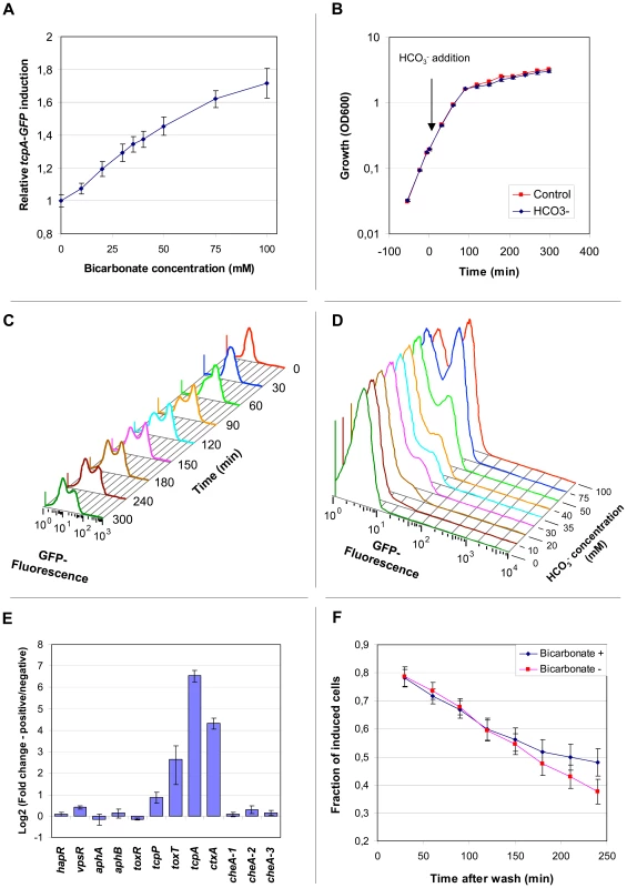 The abundance of <i>tcpA</i>, <i>ctxA</i> and <i>toxT</i> transcripts within individual bacteria bifurcates into two populations after induction with bicarbonate and progression into stationary phase.