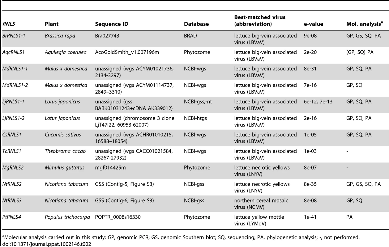 Rhabdovirus nucleocapsid protein (N)-like sequences (<i>RNLSs</i>) identified in plant genome sequence databases.