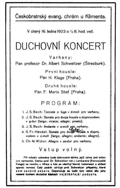 Program Schweitzerova varhaního koncertu v Praze 16. ledna 1923