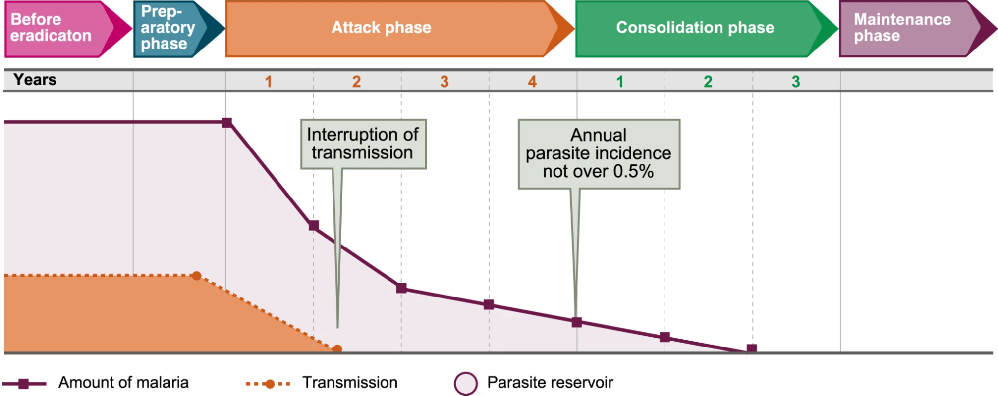 Phases of the Malaria Eradication Campaign as established by WHO in 1963.