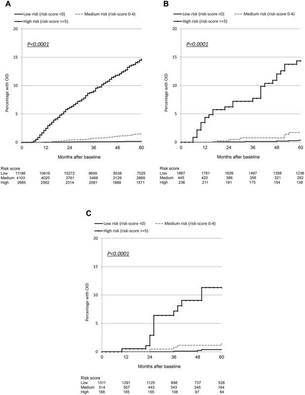 Kaplan Meier progression to chronic kidney disease with low, medium, and high risk scores.