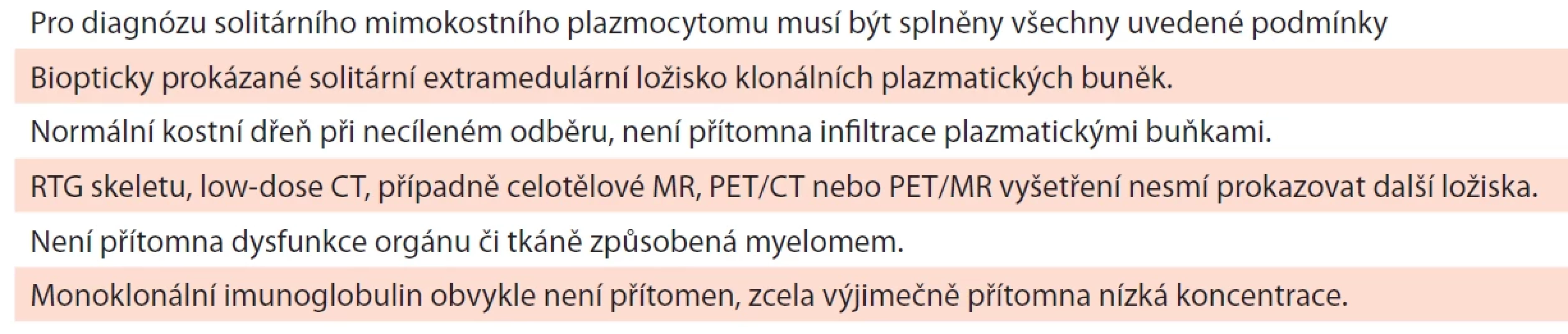 Kritéria solitárního mimokostního (extramedulárního) plazmocytomu (modifi kováno dle IMWG, 2003; Rajkumar, 2014).