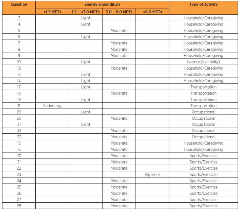 Characterization of the PAQPW questions – energy expenditure and activity description
