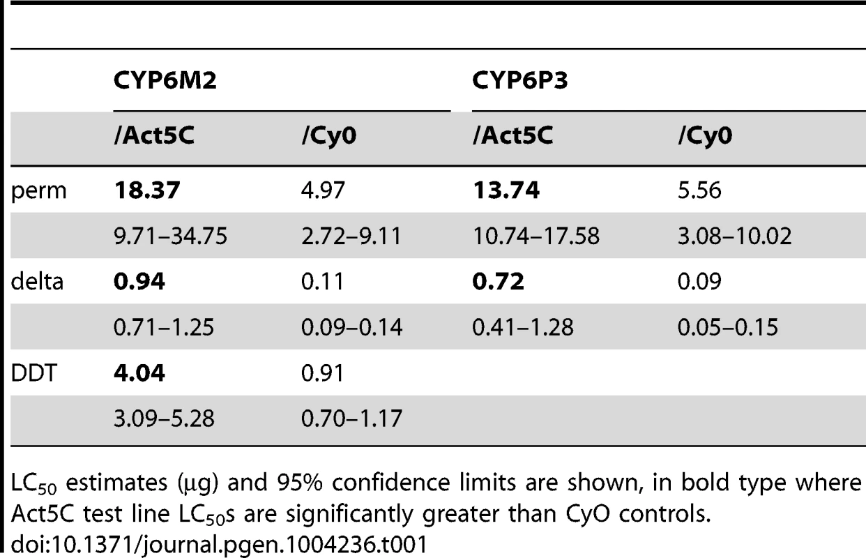 Survival of transformed <i>D. melanogaster</i> expressing <i>CYP6M2</i> and <i>CYP6P3</i> exposed to the pyrethroids permethrin and deltamethrin, and for <i>CYP6M2</i> also DDT.