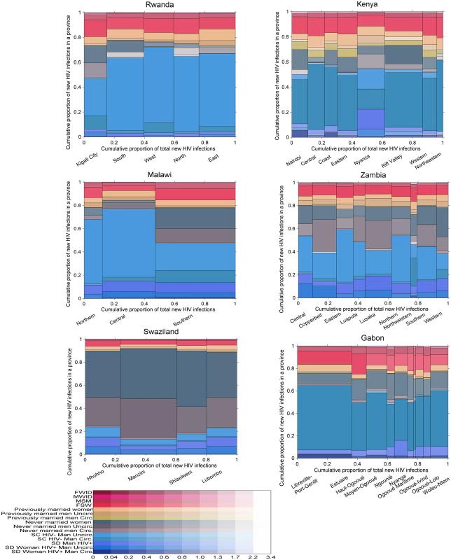 Estimated proportion of new infections acquired by province and group in 6 sub-Saharan African countries.