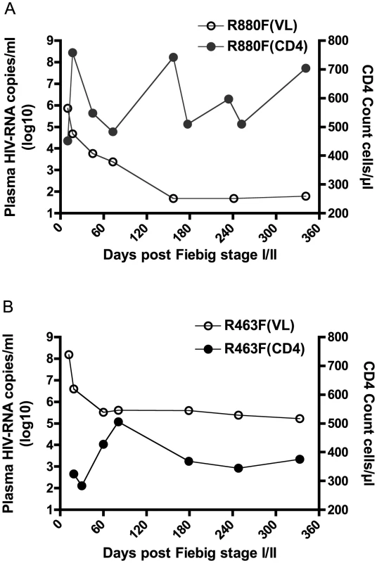 Plasma viral load and CD4 count in the two recipients during the first year of infection.