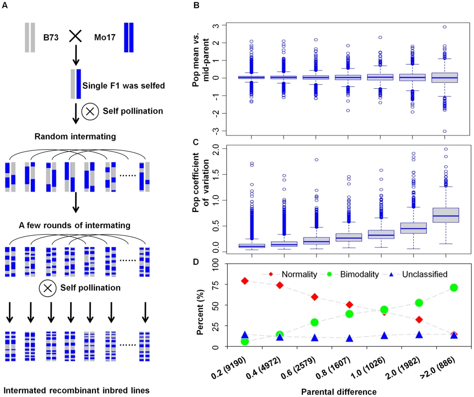 The intermated B73×Mo17 recombinant inbred lines (IBM RIL) and the relationship between expression variation in the RILs and expression fold change in the parents.