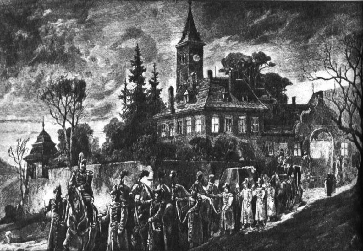 Odvoz Rudolfova těla z Mayerlingu. Kresba ze soudobého vídeňského listu.