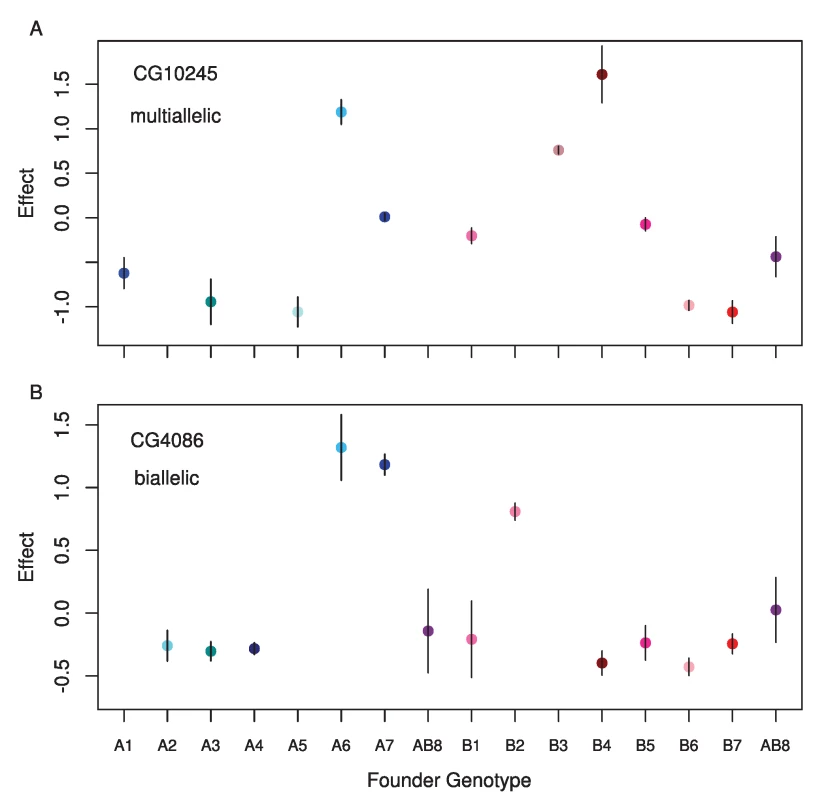 Standardized estimated means for each founder genotype for single observed <i>cis</i>-eQTL where A) the full model is the best model, and B) a two allele model is the best model.