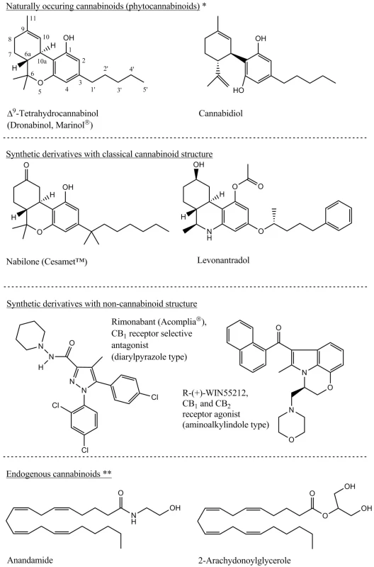 Main representatives of the phytocannabinoids, their synthetic derivatives and the endogenous cannabinoids 3, 8)
*Several numbering system of the cannabinoids exists. For this article the systematic numbering is used as presented on the THC chemical structure.
**U-shape conformation of the depicted endogenous cannabinoids widely corresponds with the THC structure and based on this similarity is explained the same receptor system impact by so structurally different molecules.