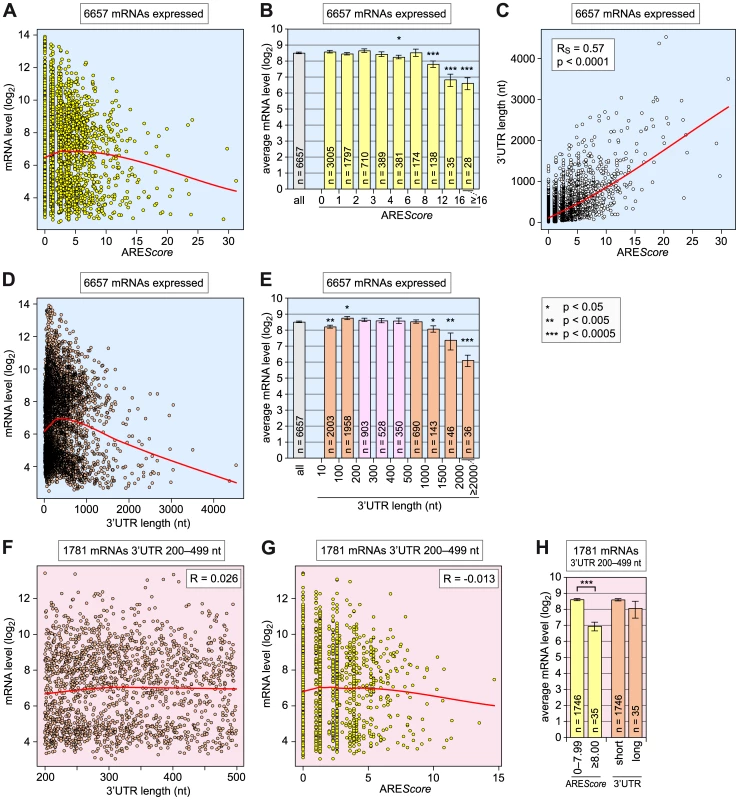 Relationship among ARE<i>Score</i>, 3′UTR length, and mRNA expression level.