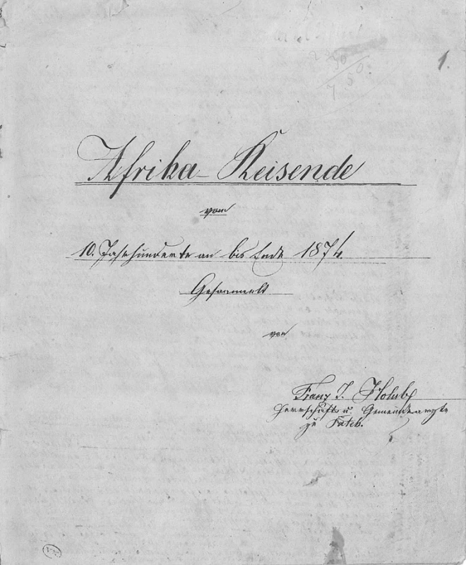 Titulní strana spisu „Afrika-Reisende“, ve kterém František Holub zpracoval přehled afrických cestovatelů od 10. století po rok 1874