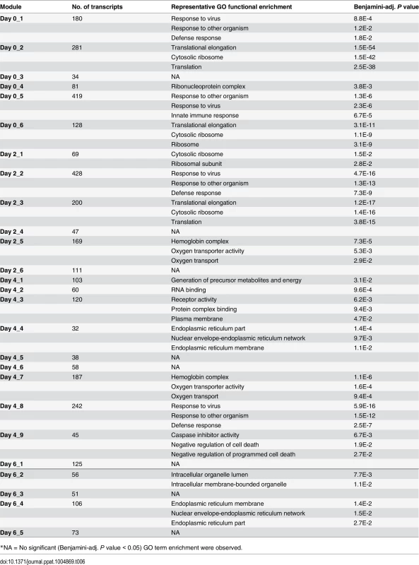 GO functional enrichment analysis for the 26 modules detected by WGCNA on different days after influenza virus infection.