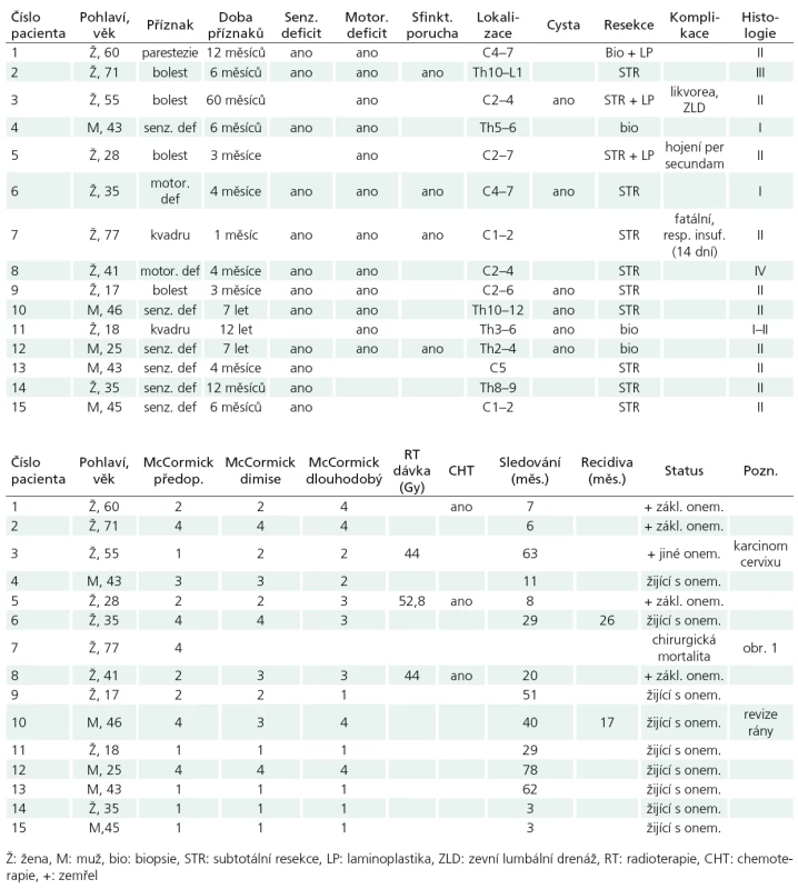 Charakteristika 15 pacientů s intramedulárním astrocytomem.