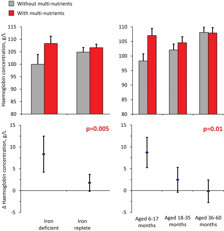 Effect of multi-nutrients on haemoglobin concentration at the second survey, by iron status and age class.