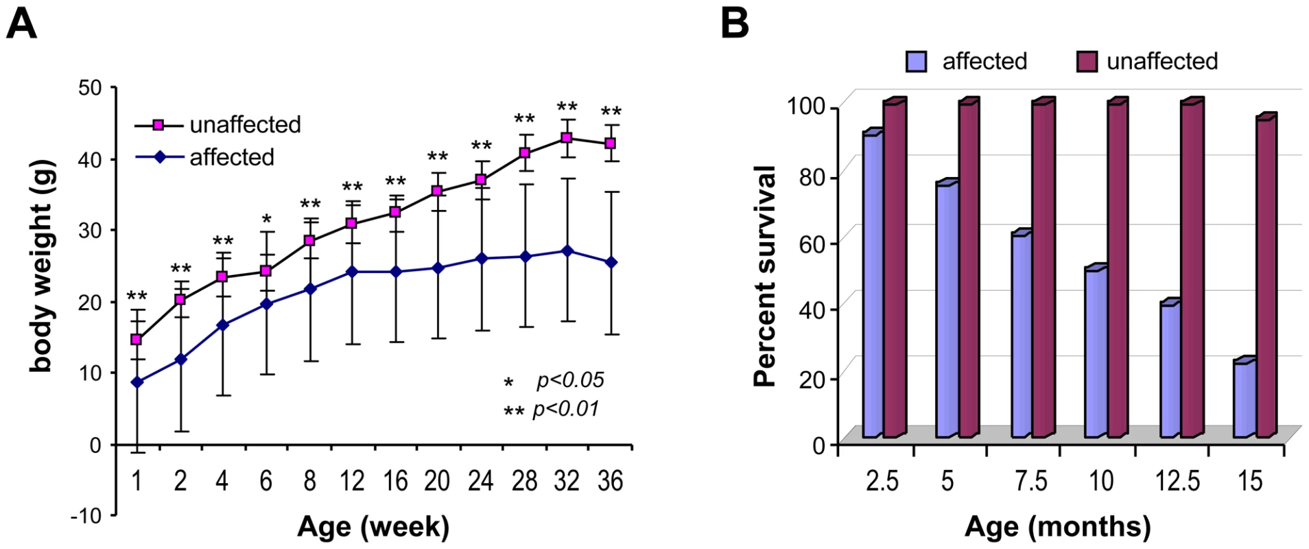 Body weight and life span of the affected mice.