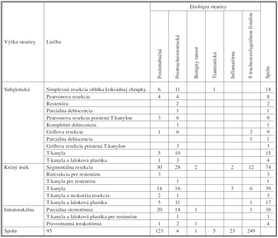 Súbor pacientov so stenózou trachey riešený na Klinike hrudníkovej chirurgie v období 1995–2009
Tab. 1. Patient groups with tracheal stenoses, treated in the Thoracic Surgery Clinic from 1995 to 2009