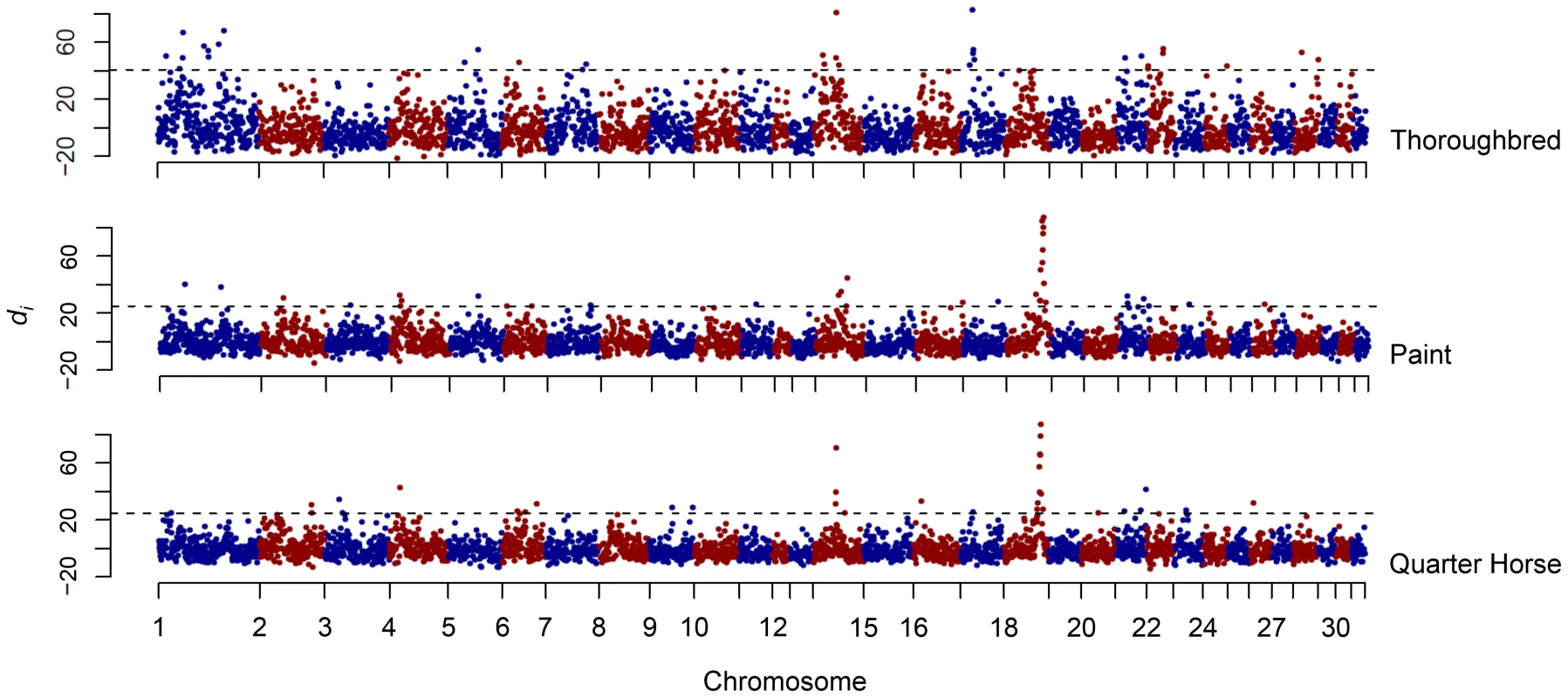 Genome-wide <i>d<sub>i</sub></i> values for the Thoroughbred, Paint, and Quarter Horse.