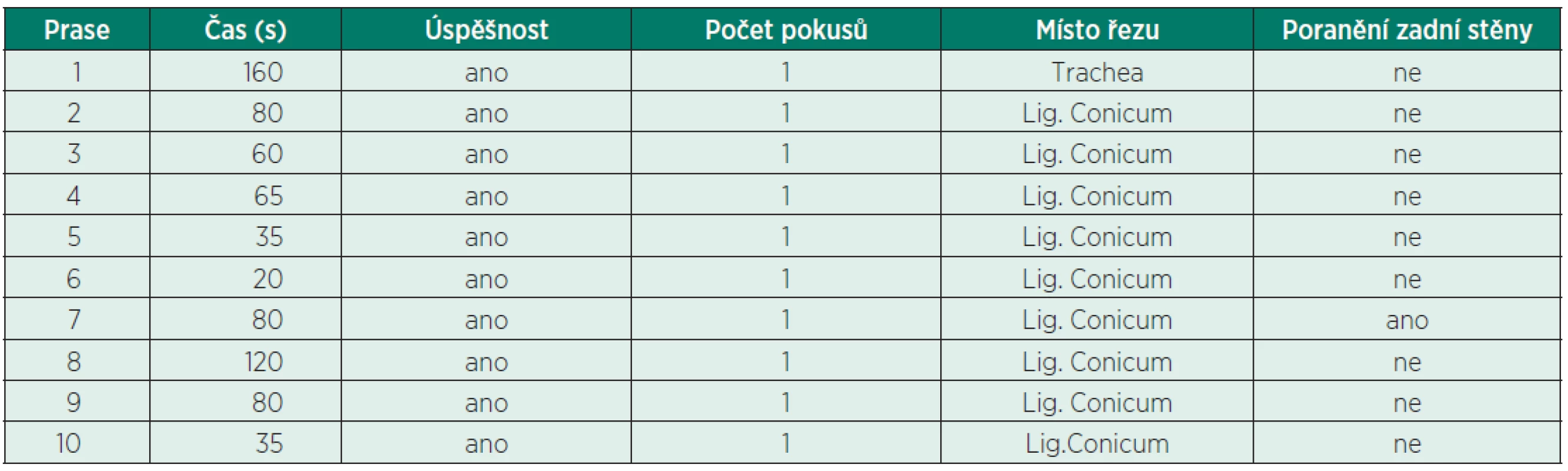 Čas provedení, úspěšnost, počet pokusů, místo punkce a komplikace u BACT