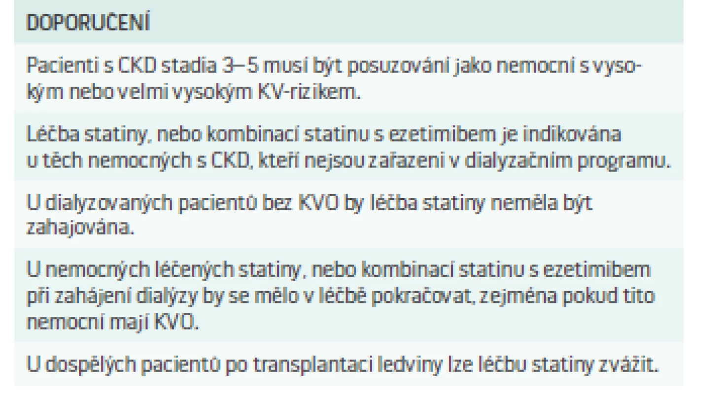 Doporučení pro léčbu dyslipidémií u pacientů se středně těžkým nebo těžkým postižením renálních funkcí