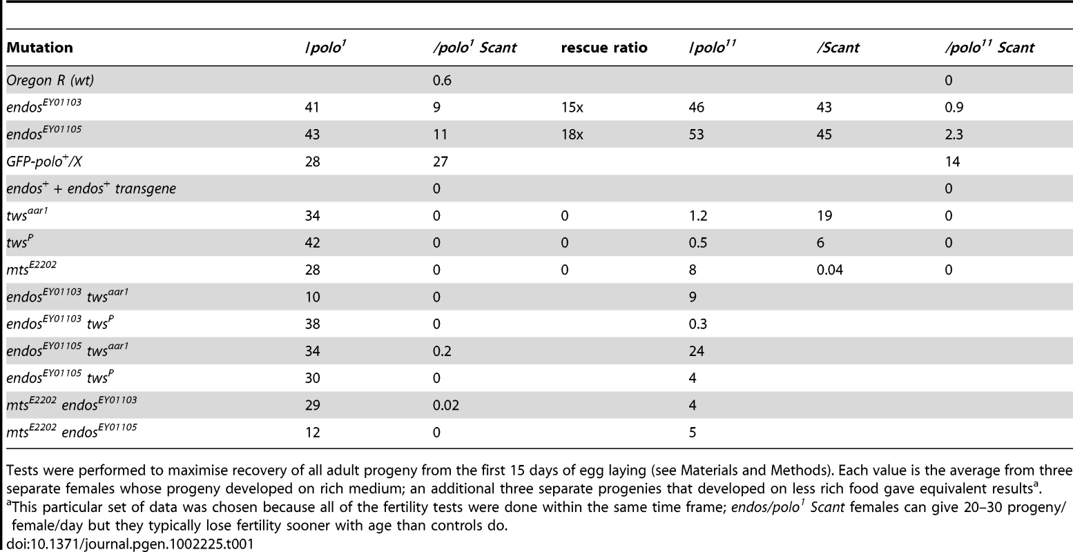 Interactions affecting female fertility examined in this study expressed as progeny per female per day for <i>mutation/indicated genotype</i>.