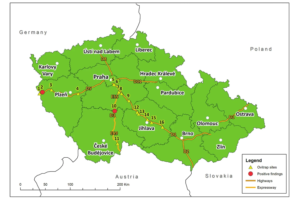 Map of the Asian tiger mosquito (<em>Ae. albopictus</em>) monitoring in Bohemia