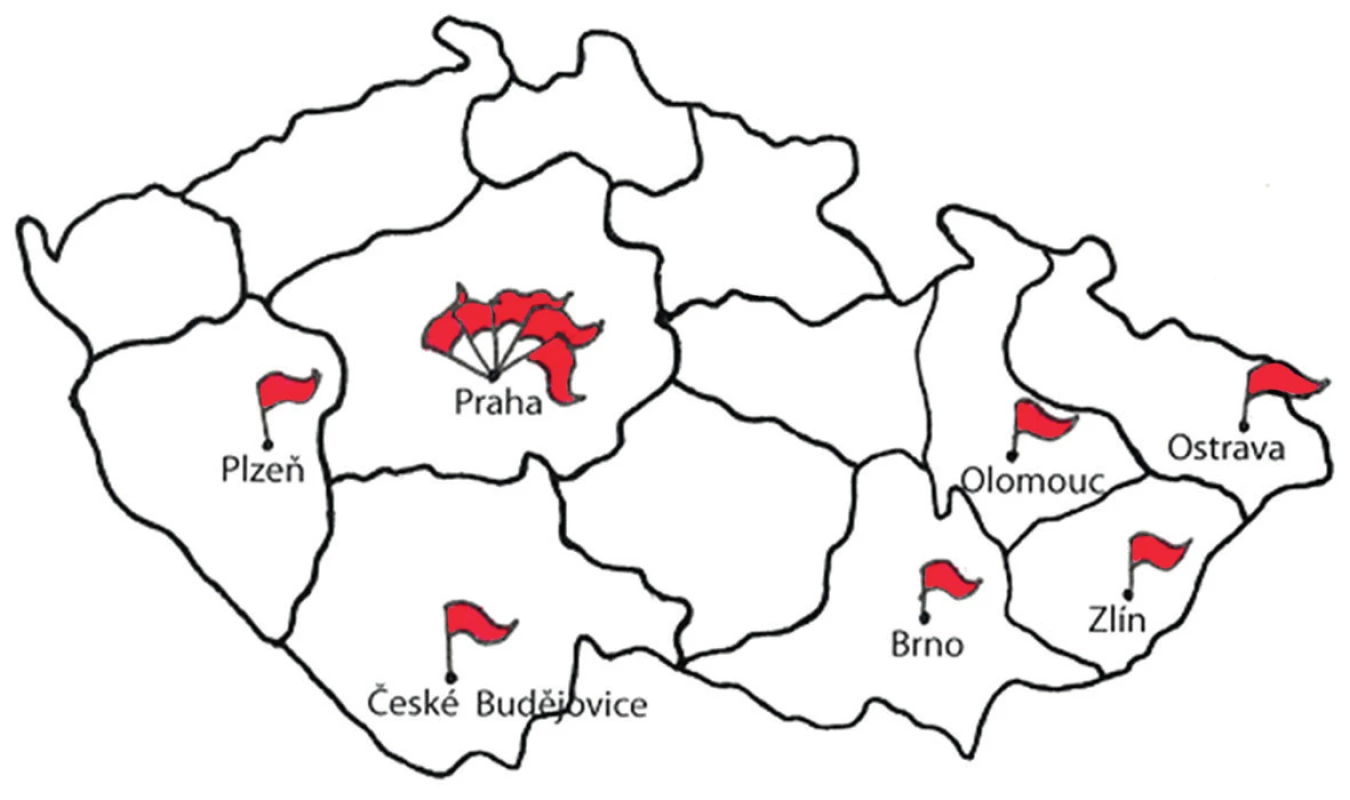 Mikrobiologická pracoviště, která poskytla data do studie – rozložení v ČR
Figure 1. Geographical distribution of the participating microbiological laboratories in the Czech Republic