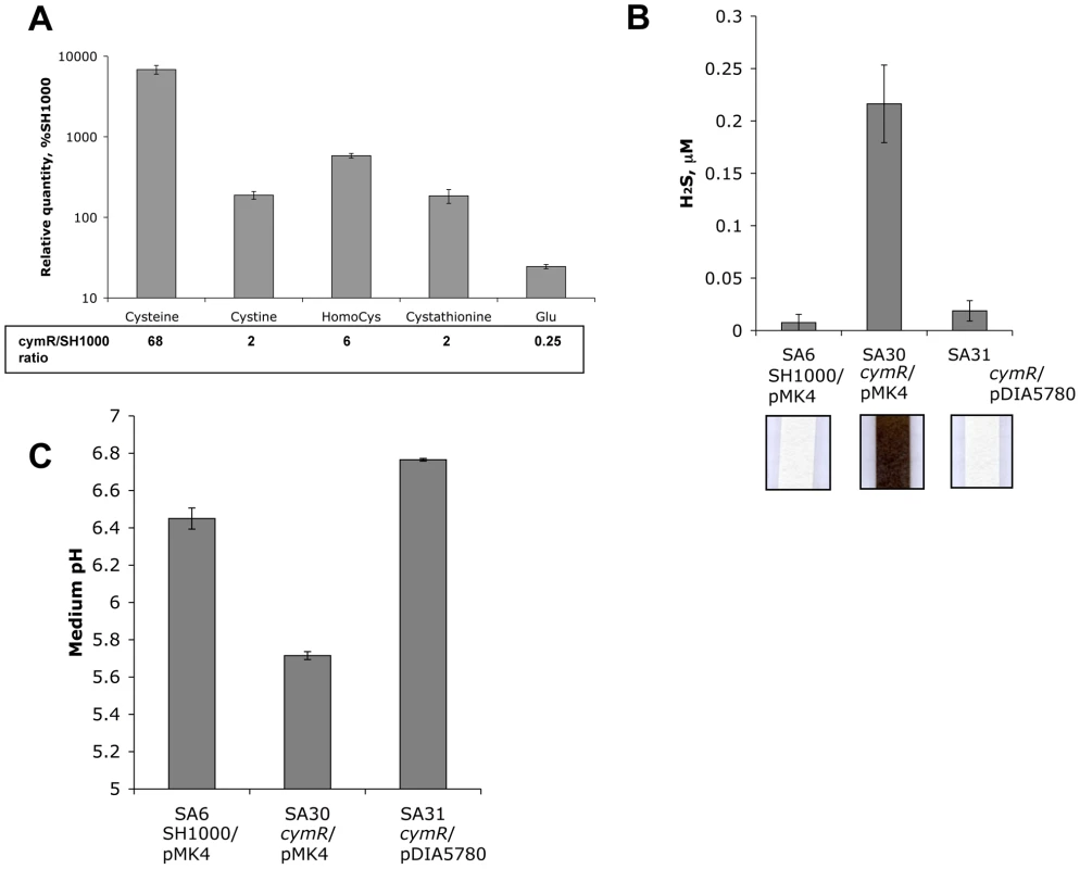 Metabolic changes in the Δ<i>cymR</i> mutant after growth in the presence of cystine.