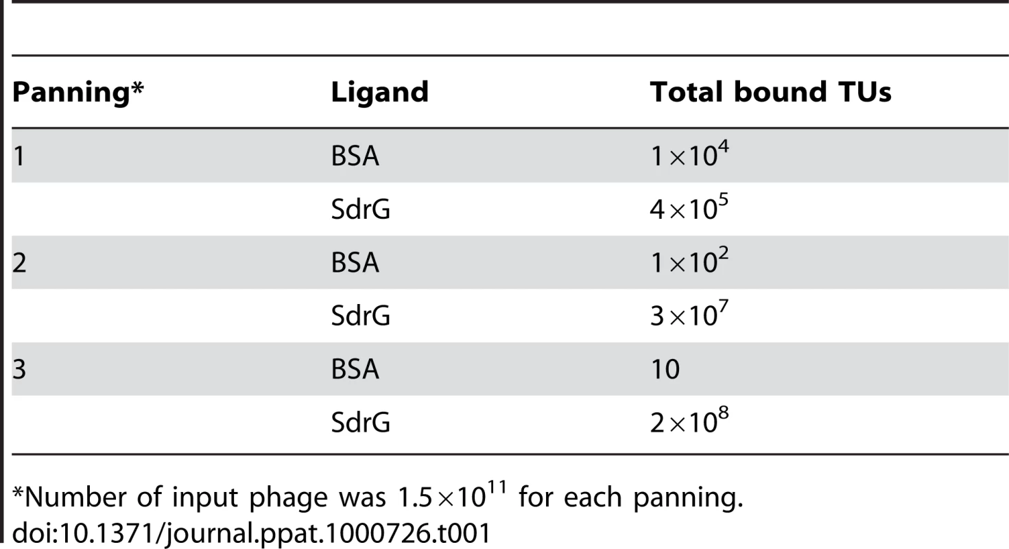 Number of transducing units (TUs) obtained after each panning against BSA and SdrG<sub>N2N3</sub>.