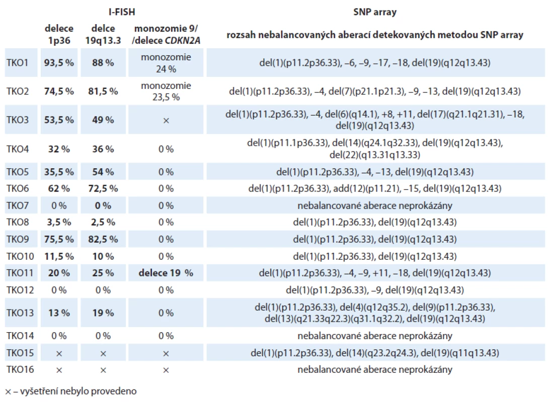 Výsledky molekulárně cytogenetických analýz 16 nemocných s oligodendrogliomy.
V tabulce je uveden procentuální rozsah buněčného klonu s příslušnou aberací. U dvou nemocných s oligodendrogliomy (TKO16 a TKO17) nebyla analýza metodou I-FISH provedena z důvodu nedostatku materiálu a byla proto provedena pouze SNP array analýza.
