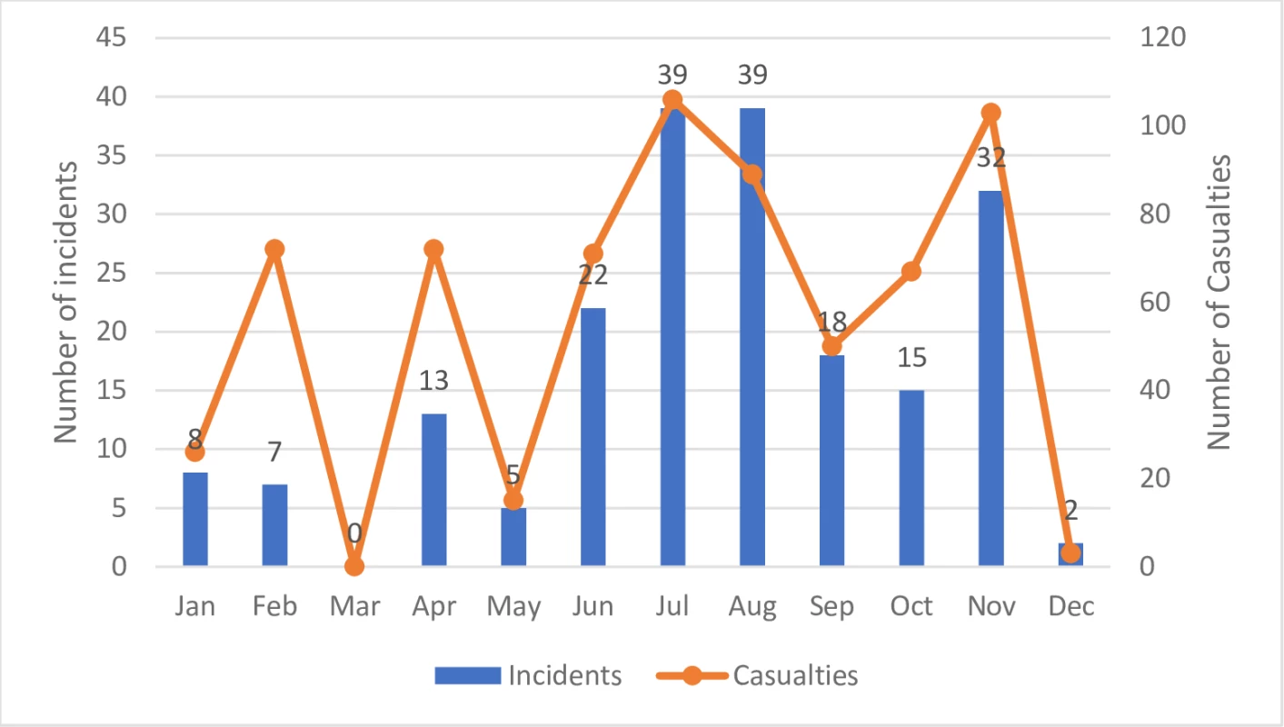 Number of incidents and casualties documented by SAMS (<i>N</i> = 200) by month (2016).
